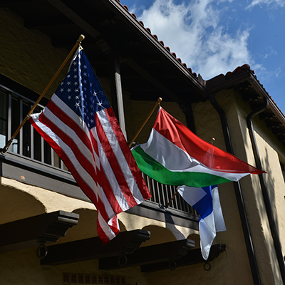 international house building exterior flags