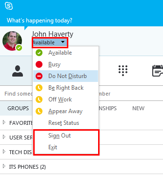 Screen Shot of Skype for Business with Sign Out or Exit Options