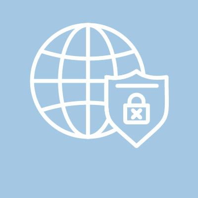 blue and white icon with globe gride and padlock 