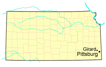 Map of Kansas with DeGruson locations of Girard and Pittsburg