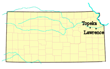 Langston Hughes map of Kansas with Lawrence and Topeka marked