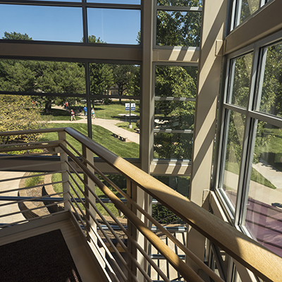 A view of the quad at Washburn from inside the Memorial Union.