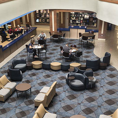 The Welcome Center lobby at Washburn is a spot where many students study and relax.