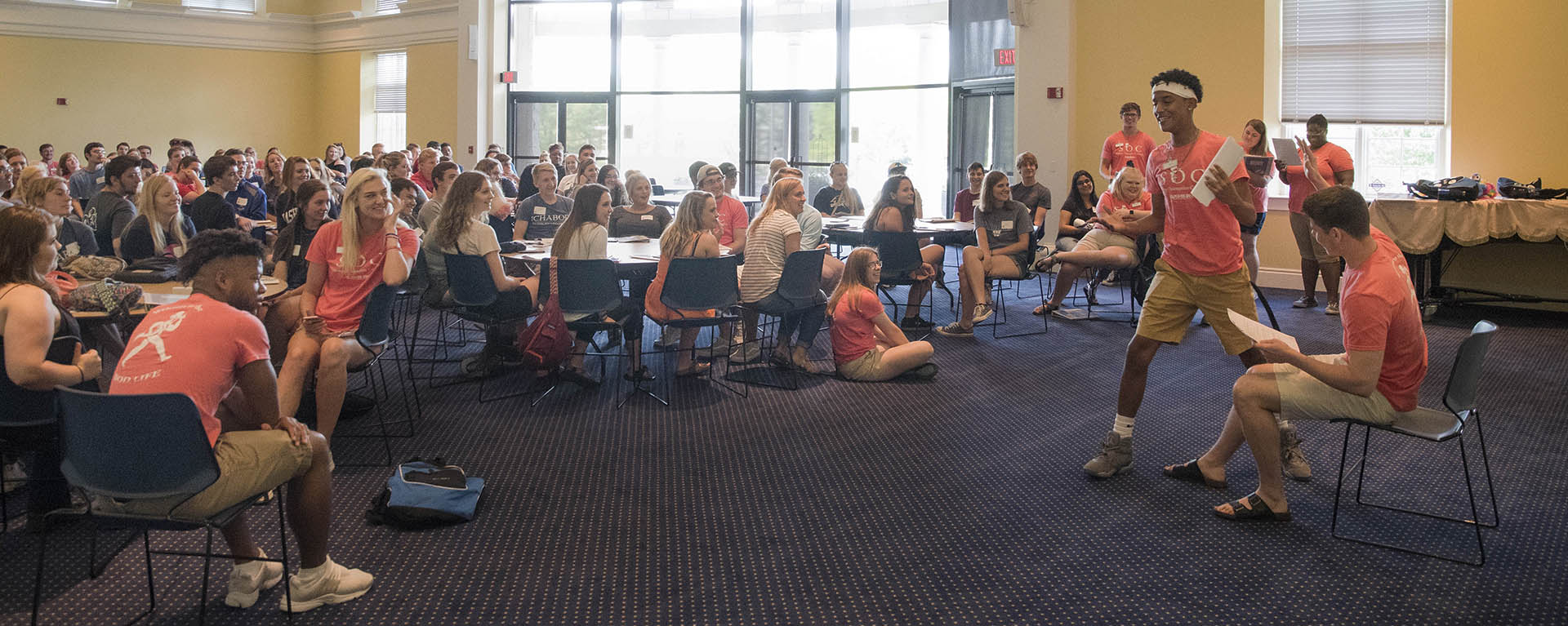 Summer Orientation Counselors perform a skit at Washburn's Bradbury Thompson Alumni Center