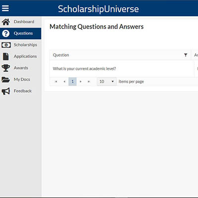 scholarshipuniverse screen capture matching questions