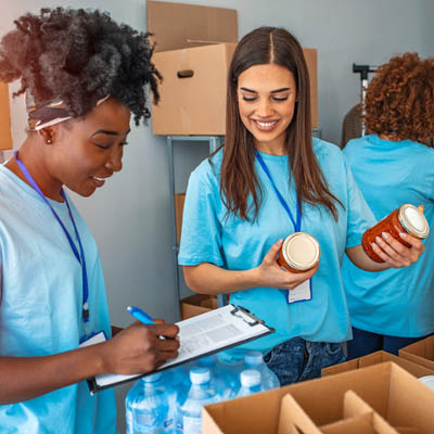 students working in a food bank