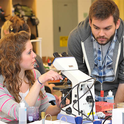 Students talk while using a microscope in class.