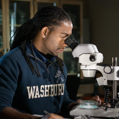 A biology student looks through a microscope.