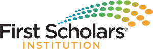 First Scholars Badge - black text with blue, green and orange dots