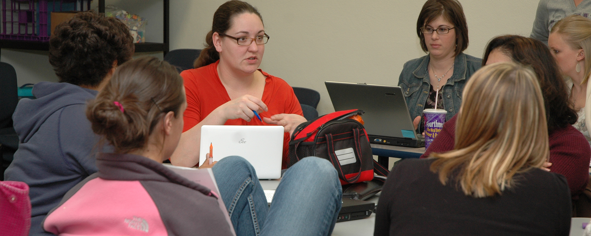 Washburn students work on a group project during a class in Petro Allied Health Center.