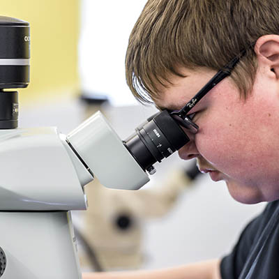 A student looks through a microscope 