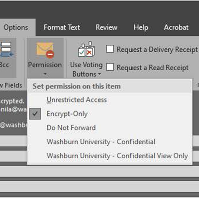 screen capture of outlook desktop client with the 'Permission' menu item dropdown showing that 'encrypted only' is selected.