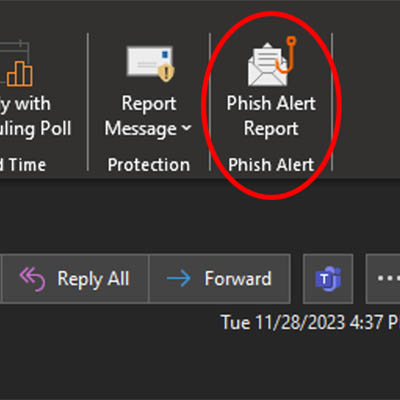 Phish Alert report button on the right side of the header in Outlook.