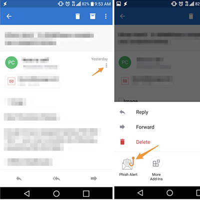 Three screenshots with arrows pointing at the three dots, then the phish alert button and at the blue mobile phish alert button.
