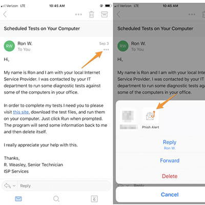Three screenshots with an arrow pointing at the three dots, then at the phish alert button and then at a blue mobile phish alert button.