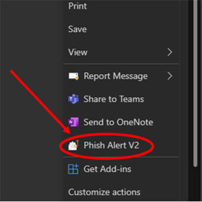 A red circle indicates the phish alert v2 button in a menu list.