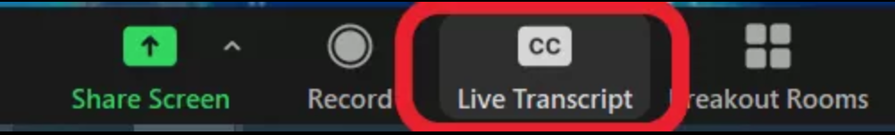 button that says live transcript with a closed caption symbol is circled