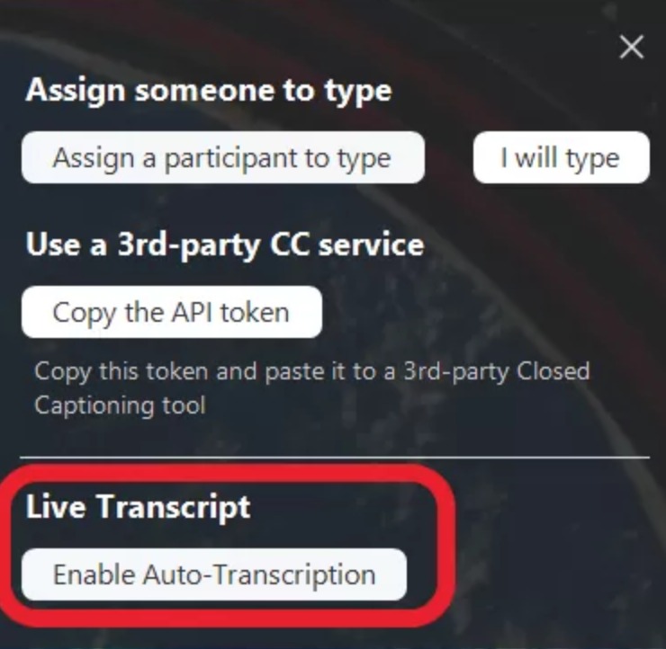 zoom enable transcription button