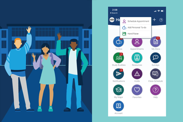 Illustration of three students raising their hands next to a phone screen featuring the Navigate app