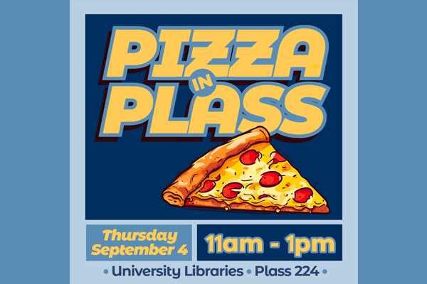Illustration of a slice of pizza with Ichabod logo on blue background with yellow text Pizza in Plass Sept 4 11am-1pm
