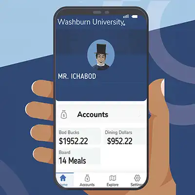 illustration of a hand holding a phone with the iCard GET App on it