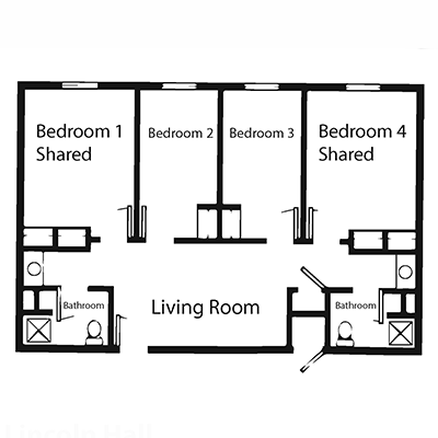 6 person 4 bedroom floor plan includes a living room and two bathrooms
