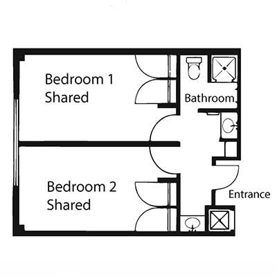 LLC suite standard floor plan includes two rooms with a shared bathroom.