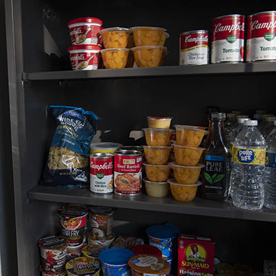Bod Feeding Bods outpost pantry stocked with fruit cups, soup and other items.