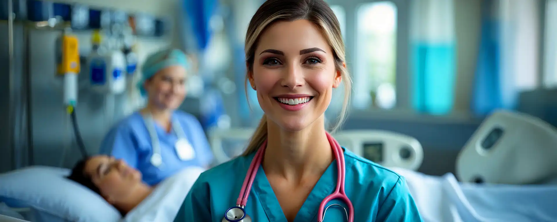 nurse in hospital room with stethoscope and scrubs
