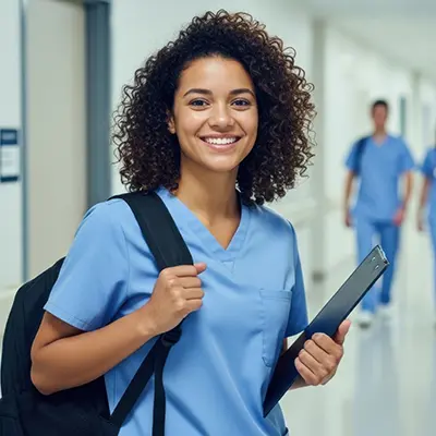 A health care professional smiles while chatting with a colleague.
