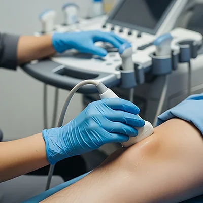 A sonographer performs an ultrasound on a knee.