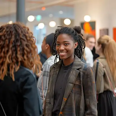 student at event in crowd smiling toward camera