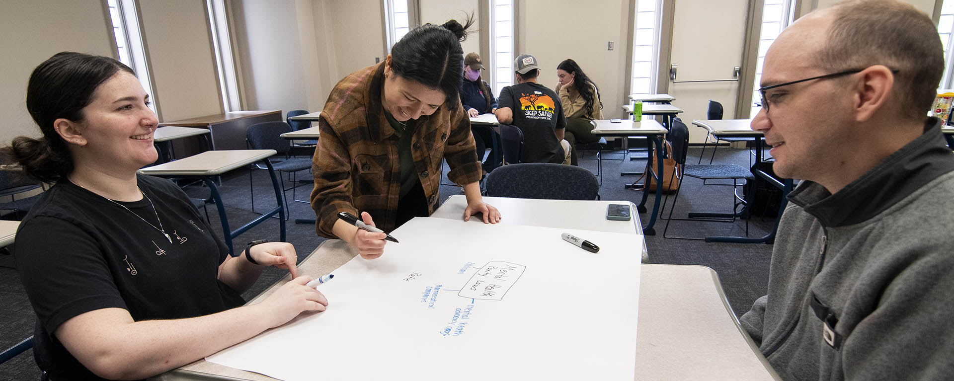 Students work on a poster during a sociology class.