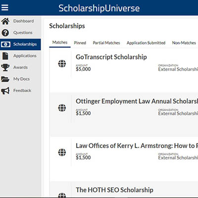 scholarshipuniverse screen capture  scholarships menu