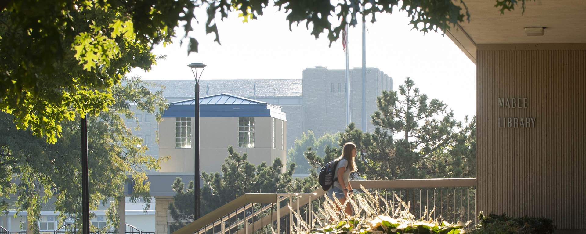 Early morning lights touches the landscaping as a student carrying a backpack walks into the library.