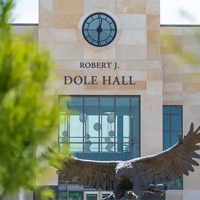 eagle sculpture in front of law school entrance
