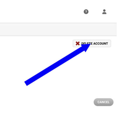 An arrow points to the delete account button on the right hand of the user profile screen.