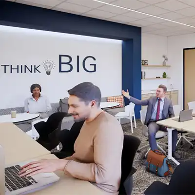 AE Hall interior rendering with student at desk