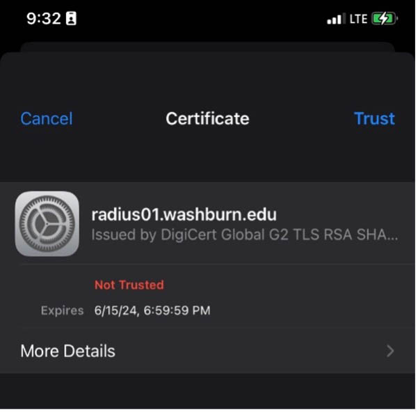 screenshot of the certificate information for Ichabods network and the option to "trust" in the upper right hand corner