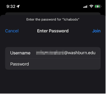 screenshot showing the enter password page for the Ichabods network on iOS devices