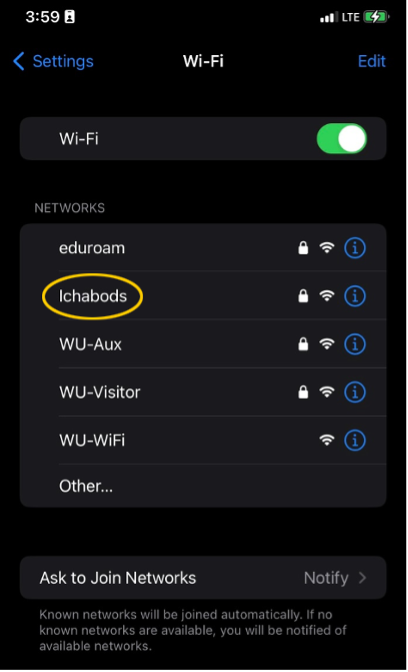 wifi settings screenshot showing Ichabods network selected