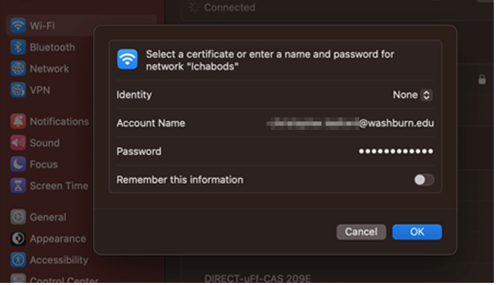 Screenshot of a login screen for Ichabods network on mac.