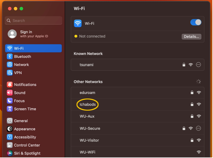 Screenshot of Ichabods highlighted in the wifi panel of system settings.