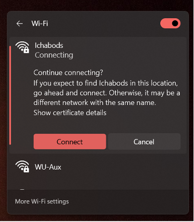 Screenshot of Connect selected after a "Continue connecting" pop up while connecting to the Ichabods network