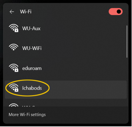 Screenshot of Ichabods network selected on the wifi screen