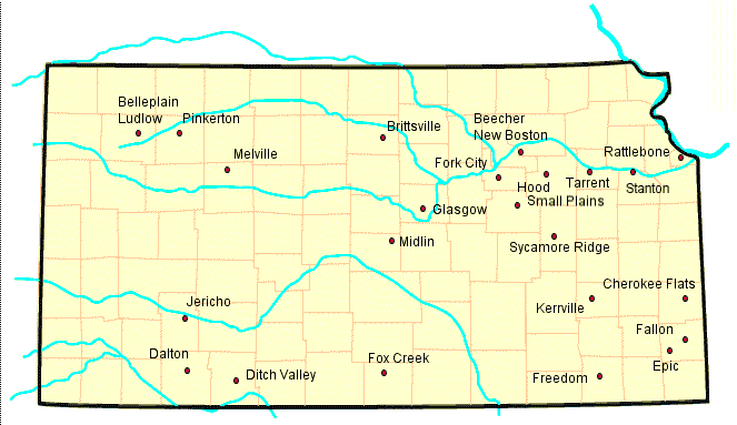 Map of fictional Kansas towns. Hyperlinks to specifics.