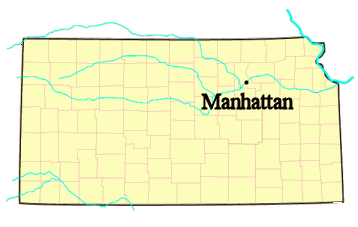 Map of Kansas, Manhattan marked