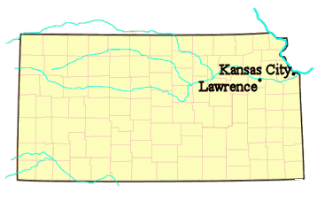 Map of Kansas with Lawrence and Kansas City marked