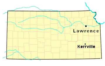 map of kansas with lawrence marked by a dot
