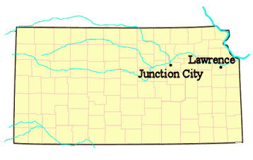 map of kansas with juction city and lawrence marked